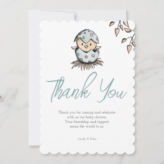 エレガントシンプル鳥ホタテ貝水彩赤ちゃんシャワー サンキューカード (正面)