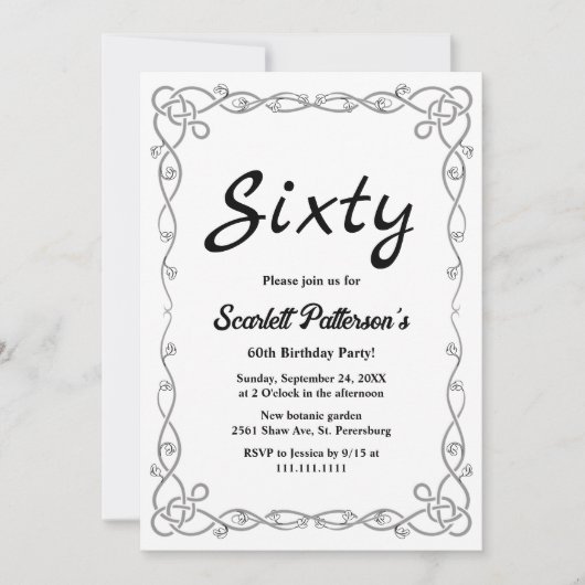 エレガントシンプル黒と白のフローラ60誕生日 招待状 (正面)