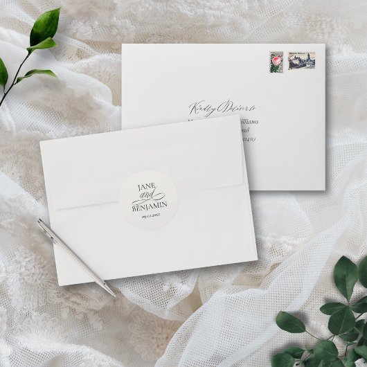 エレガントシンプル黒と白結婚の封筒 ラウンドシール