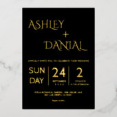 エレガントシンプル黒と金ゴールドモダン結婚ズ 箔招待状 (正面)