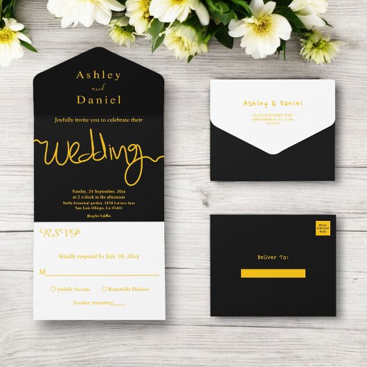 エレガントシンプル黒と金ゴールド書結婚の オールインワン招待状