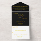 エレガントシンプル黒と金ゴールド書結婚の オールインワン招待状 (内側)