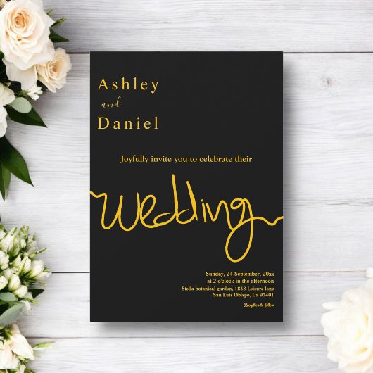 エレガントシンプル黒と金ゴールド書結婚の 招待状