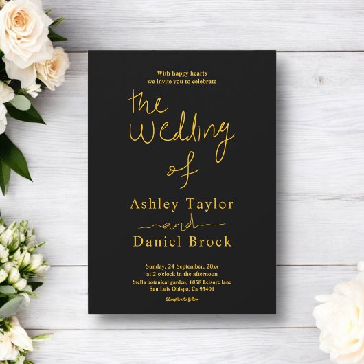 エレガントシンプル黒と金ゴールド書結婚の 招待状