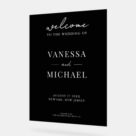 エレガントシンプル黒白の結婚歓迎 アクリルサイン (傾斜)