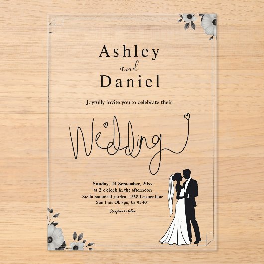 エレガントシンプル黒白カップルシック結婚ズ アクリル招待状 (正面)