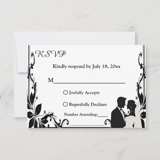 エレガントシンプル黒白カップルシック結婚ズ 出欠カード (正面)