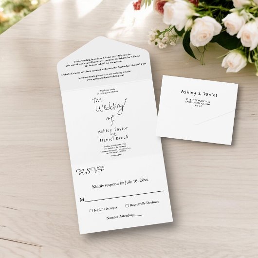 エレガントシンプル黒白シックモダンズ結婚ス オールインワン招待状