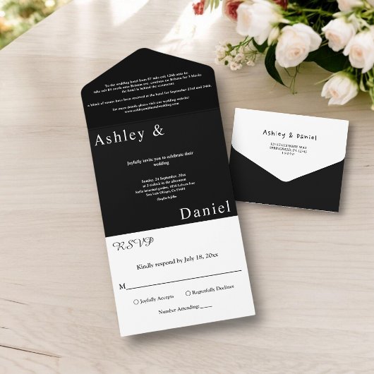 エレガントシンプル黒白シッモダンク結婚ズ オールインワン招待状