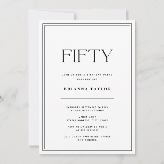 エレガントシンプル黒白50誕生日 招待状 (正面)