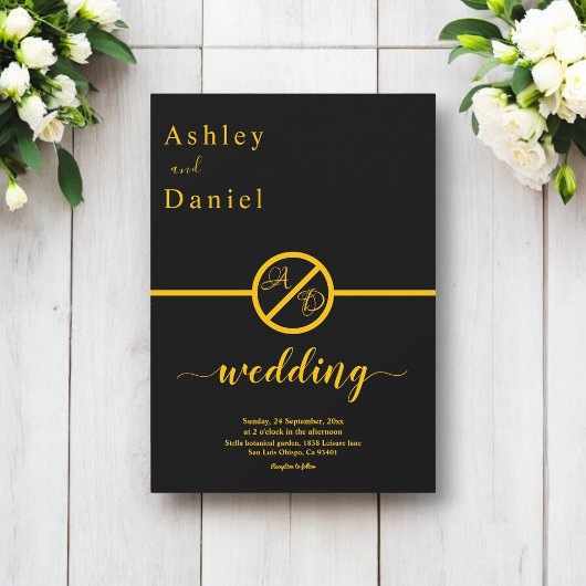 エレガントシンプル黒・金ゴールドモノグラム結婚ズ 招待状