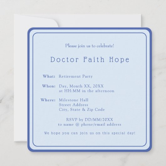 エレガントシンプルBlue Doctor退職パーティー 招待状 (正面)
