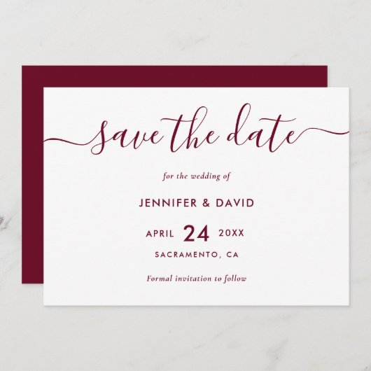 エレガントシンプルBurgundy Wedding Save The Date セーブザデート (正面/裏面)