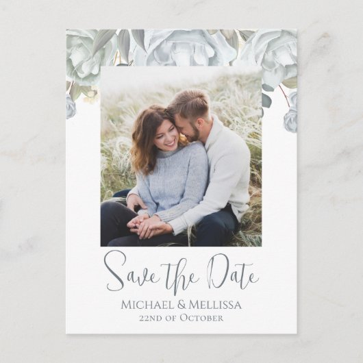 エレガントシンプルDusty Blueフローラ結婚のQRコード ポストカード (正面)