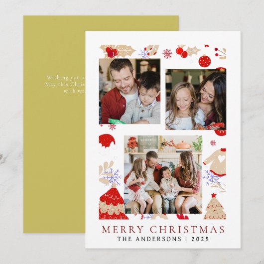 エレガントシンプルFrame Christmas Family 3 Photo シーズンカード (正面/裏面)