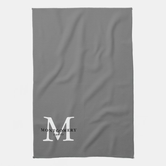 エレガントシンプルGray White Monogramファミリ名 キッチンタオル (縦)