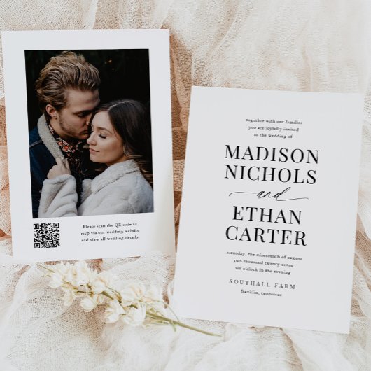 エレガントシンプルScript QRコード写真結婚の 招待状