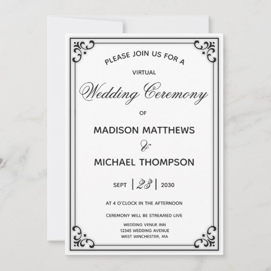 エレガントシンプルVirtual結婚のLivestream結婚の 招待状 (正面)