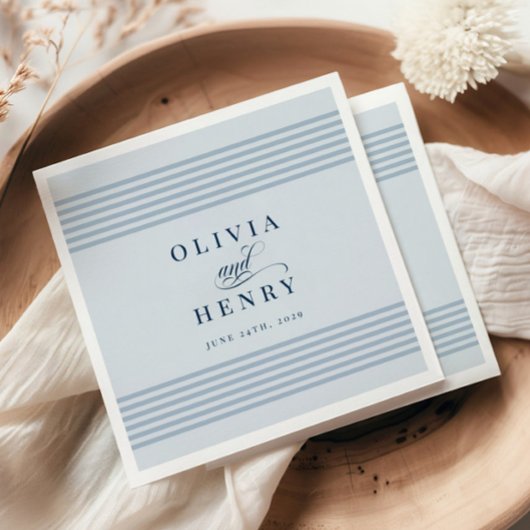 エレガントシーサイドコーストストライプブルー結婚の看板 スタンダードカクテルナプキン