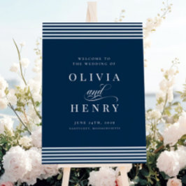 エレガントシーサイドコーストストライプブルー結婚の看板 ポスター