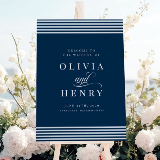 エレガントシーサイドコーストストライプブルー結婚の看板 ポスター