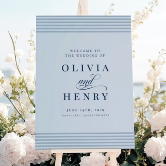 エレガントシーサイドコーストストライプブルー結婚の看板 ポスター