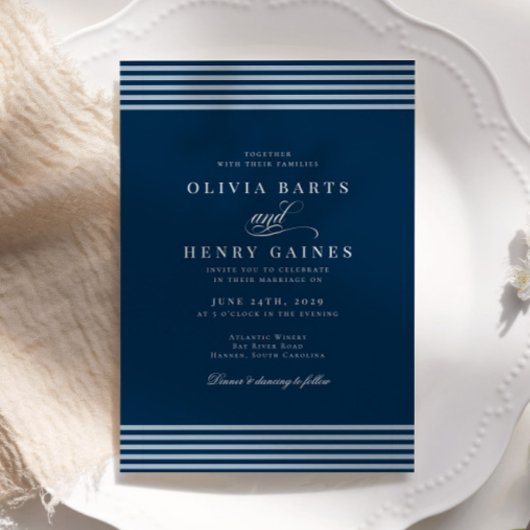 エレガントシーサイドコーストストライプブルー結婚ズ 招待状