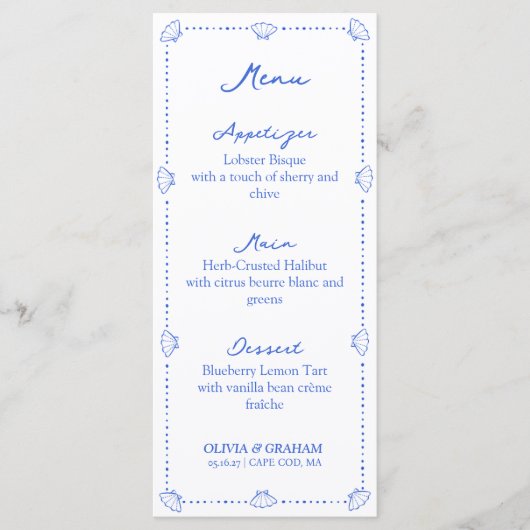 エレガントシーシェルブルーの海岸沿いの手結婚引き メニュー (正面)