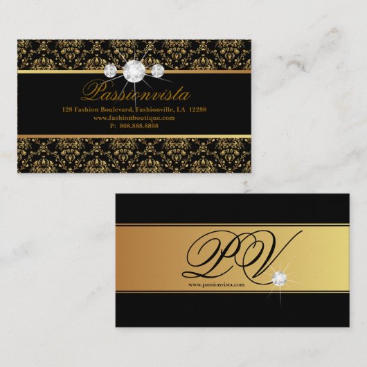 エレガントジュエリー・ダイヤモンド・金ゴールド・ブラック・ダマスク 名刺 (正面/裏面)