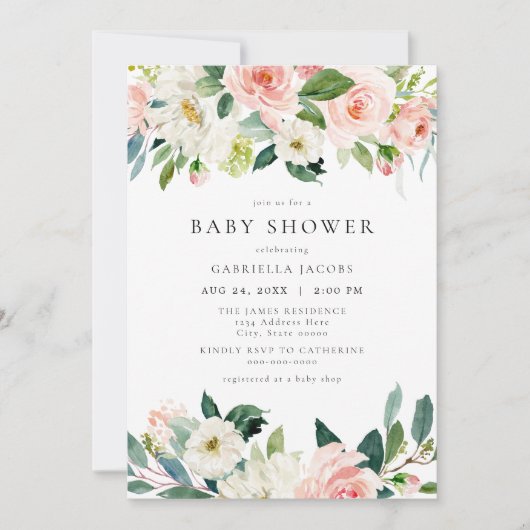 & エレガントスウィート赤面ピンクフローラガールベビーシャワー 招待状 (正面)