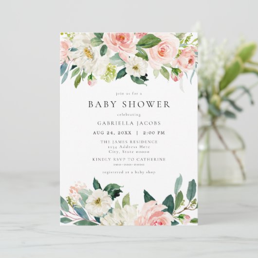 & エレガントスウィート赤面ピンクフローラガールベビーシャワー 招待状 (スタンド正面)