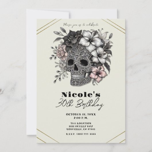 エレガントスカルとエキゾチックな花の誕生日パーティー 招待状 (正面)