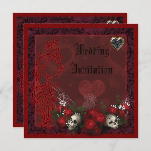 エレガントスカル、バラ、ハートリネン結婚ズ 招待状 (正面/裏面)