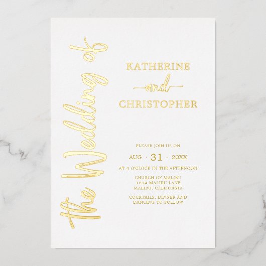 エレガントスクリプはっきりしたト金ゴールドホワフォーマルイ結婚の 箔招待状 (正面)