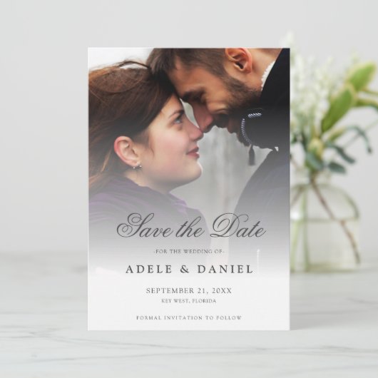 エレガントスクリプカスタムト写真の日付を保存結婚する セーブザデート (スタンド正面)