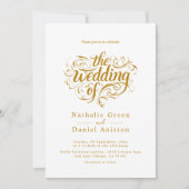 エレガントスクリプトの白とクラシック金ゴールド結婚の 招待状 (正面)