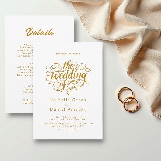 エレガントスクリプトの白とクラシック金ゴールド結婚の 招待状