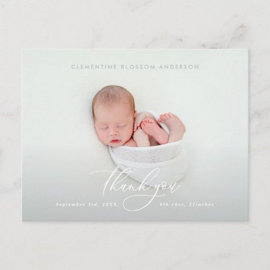 エレガントスクリプトの誕生発表写真感謝していあなた 案内ポストカード (正面)