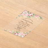 エレガントスクリプトピンクフローラミニマ結婚リスト アクリル招待状 (レイダウン)