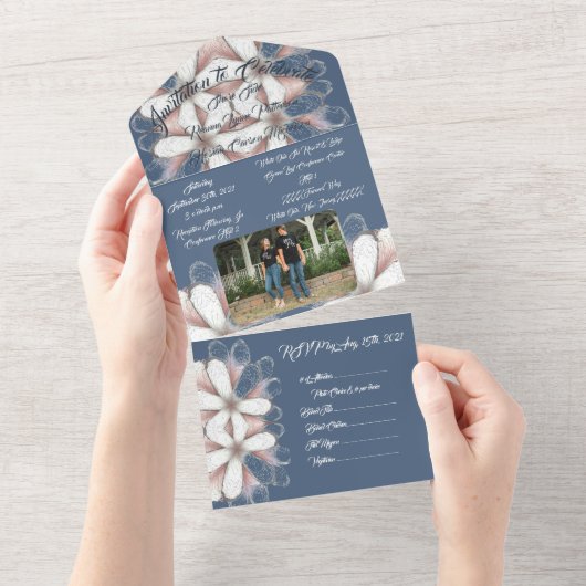 エレガントスクリプト写真ハワイアンフローラビーチ結婚式 オールインワン招待状 (貼ってはがせる)