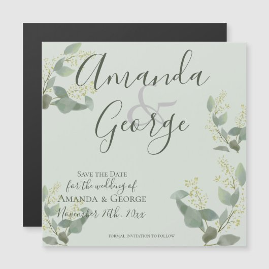 エレガントスクリプトEucalyptus葉の日付の保存 マグネット招待状 (正面/裏面)