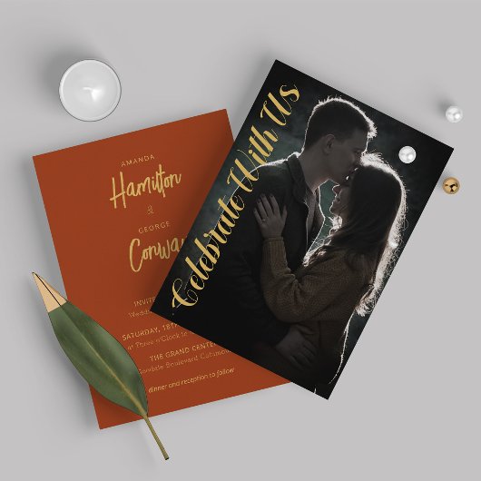 エレガントスクリプトOchre Mustard写真結婚の 招待状