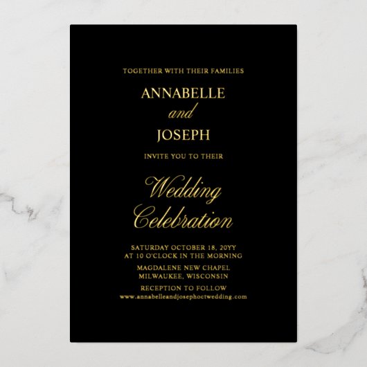 エレガントスクリプフォーマルト最小結婚黒 箔招待状 (正面)