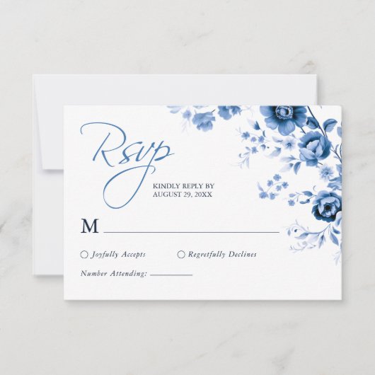 エレガントスクリプフランスのト青フローラ結婚トイル 出欠カード (正面)
