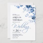 エレガントスクリプフランスのト青フローラ結婚トイル 招待状 (正面)