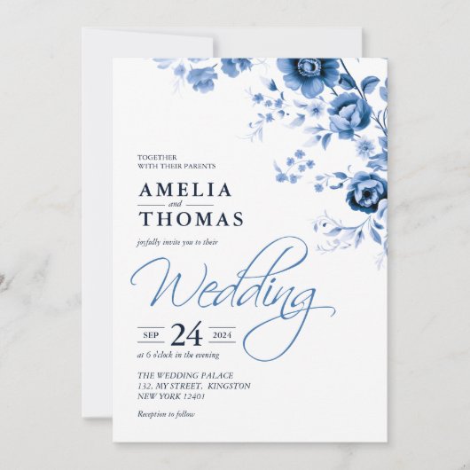 エレガントスクリプフランスのト青フローラ結婚トイル 招待状 (正面)