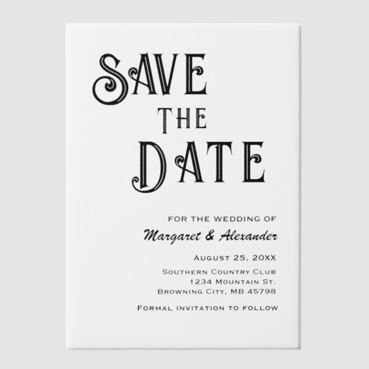 エレガントスクリプミニマルト日付を保存結婚する ベラム紙招待状 (正面)