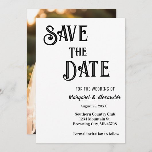エレガントスクリプミニマルト日付を保存結婚する 招待状 (正面/裏面)