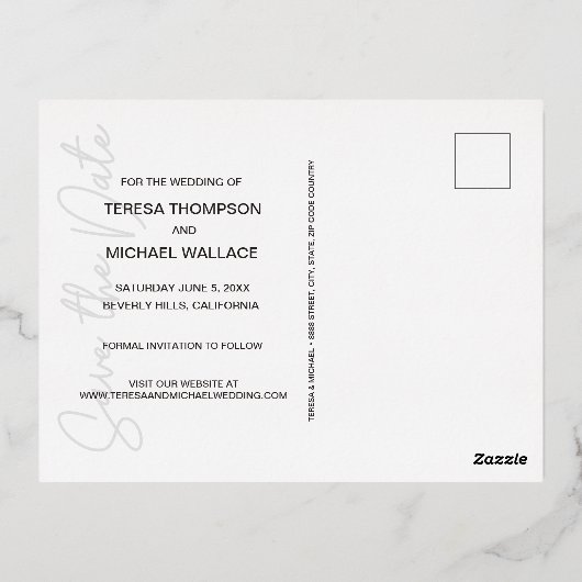 エレガントスクリプモダントカスタムの写真結婚の 箔シーズンポストカード (裏面)