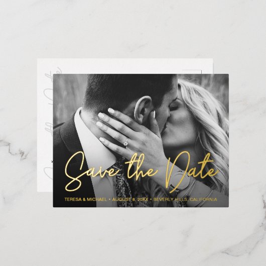 エレガントスクリプモダントカスタムの写真結婚の 箔シーズンポストカード (正面/裏面)